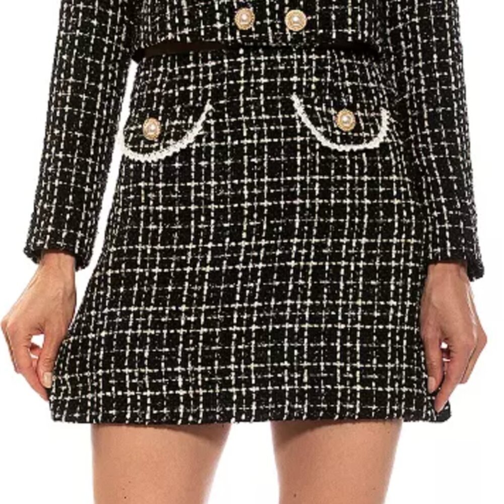 Alexia Admor Anya Black & White Tweed Pearl Button Mini Skirt size 12